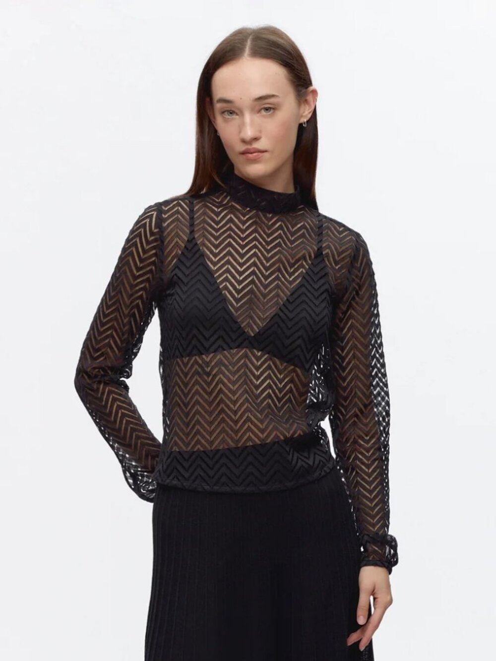 KOTN Black Organic Cotton Sheer Lace Open Back Mock Neck Blouse, Size L